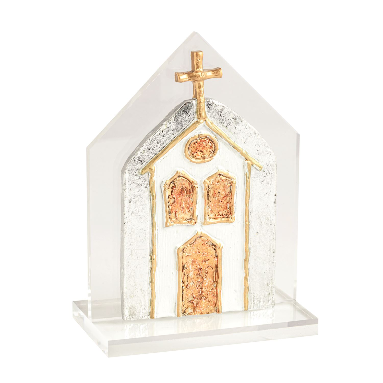 Acrylic plaque with a layered plaster hand-painted church featuring gold and silver accents.