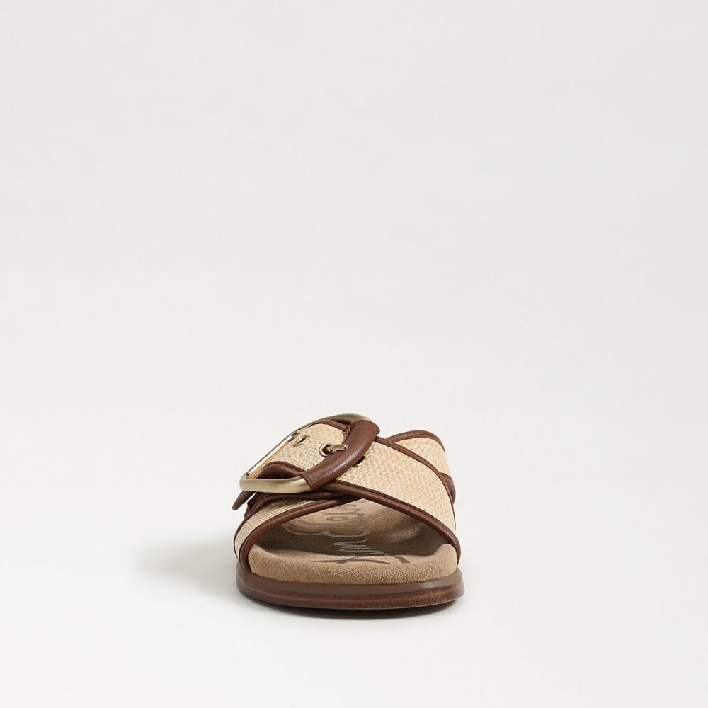 Darla multi-buckle slide sandal in fabric with open toe and foam insole