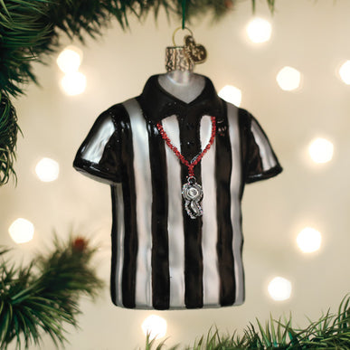 Glass referee shirt Christmas ornament with black and white stripes and a silver whistle.