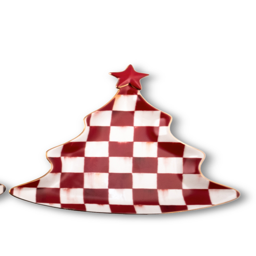 Red and white checkered ceramic Christmas tree trinket tray with a red star on top.