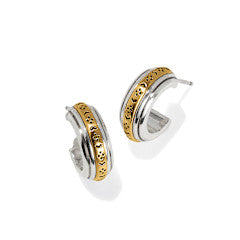 Silver-gold two-tone mini hoop post earrings with flat disc backs and subtle etched gold inlay details.