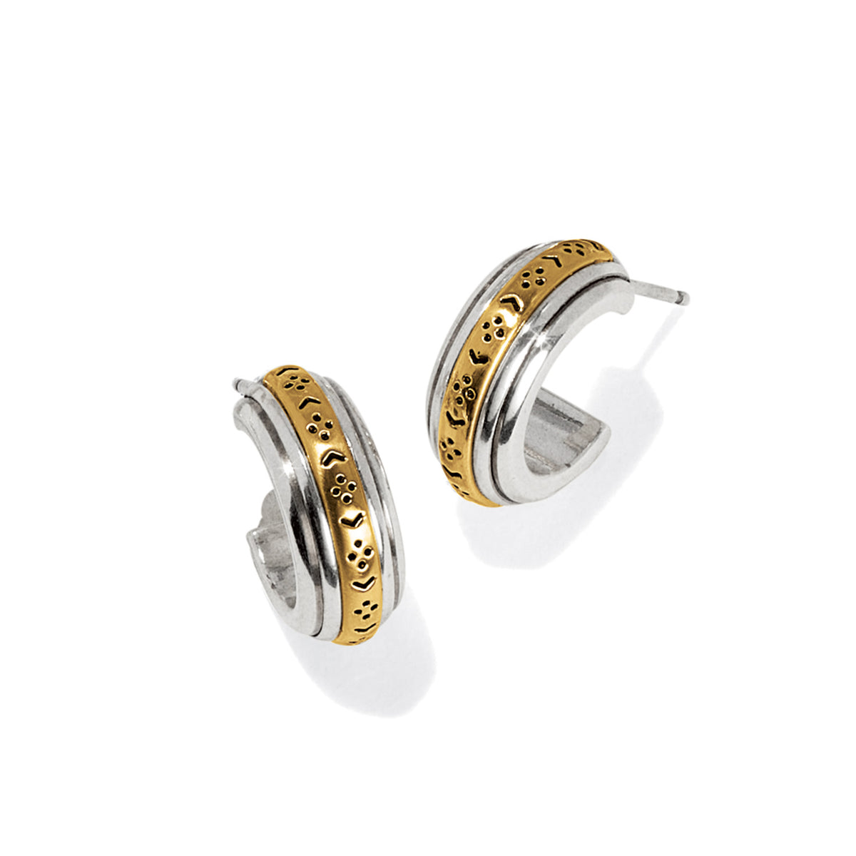 Mosaic two-tone mini hoop post earrings in silver with a gold etched inlay.