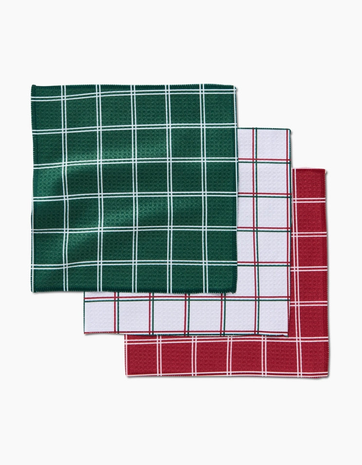 Set of three waffle weave dishcloths in recycled polyester with single-sided prints and hang loops.