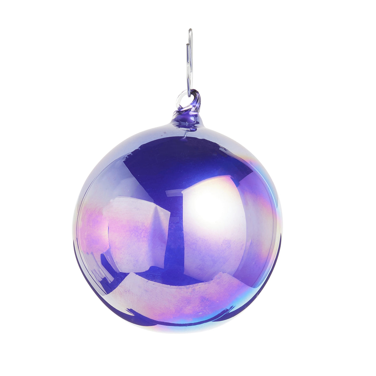 Blue iridescent glass ball ornament with a metallic finish and silver hanging hook.