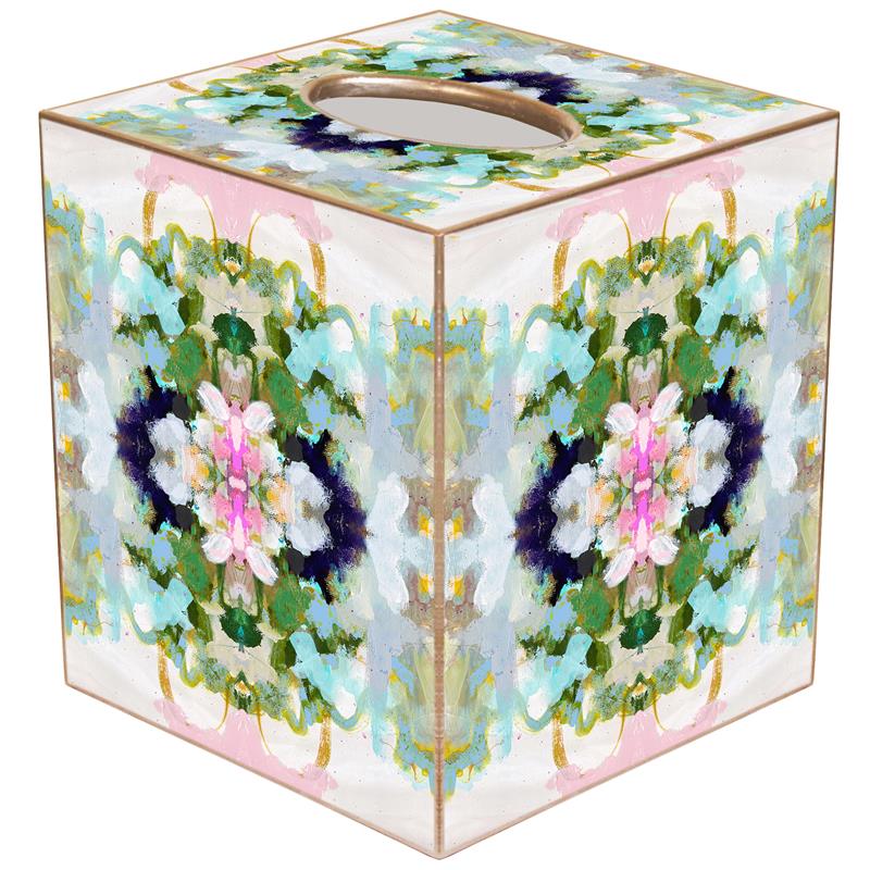 Hand-painted gold tissue box cover with paper mache construction.