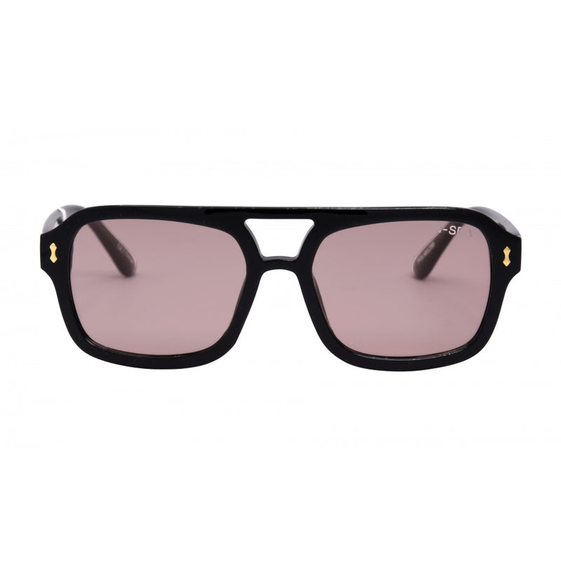Royal Black frame sunglasses with peach-tinted lenses