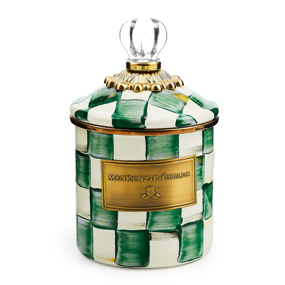 Emerald Check Demi Canister: hand-glazed steel with bronzed rim, brass accents, and painted emerald check pattern.
