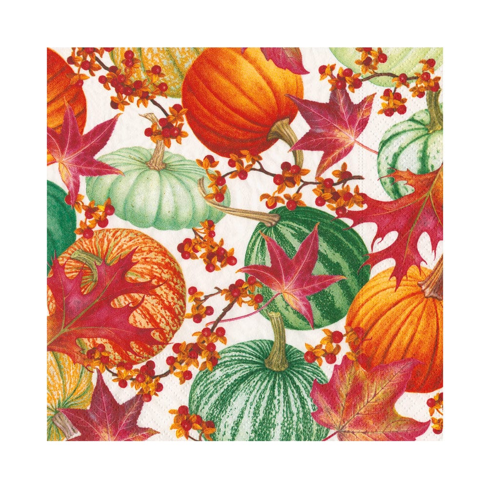 Gourds and Leaves Recycled Luncheon Napkins featuring colorful pumpkins and autumn maple leaves.