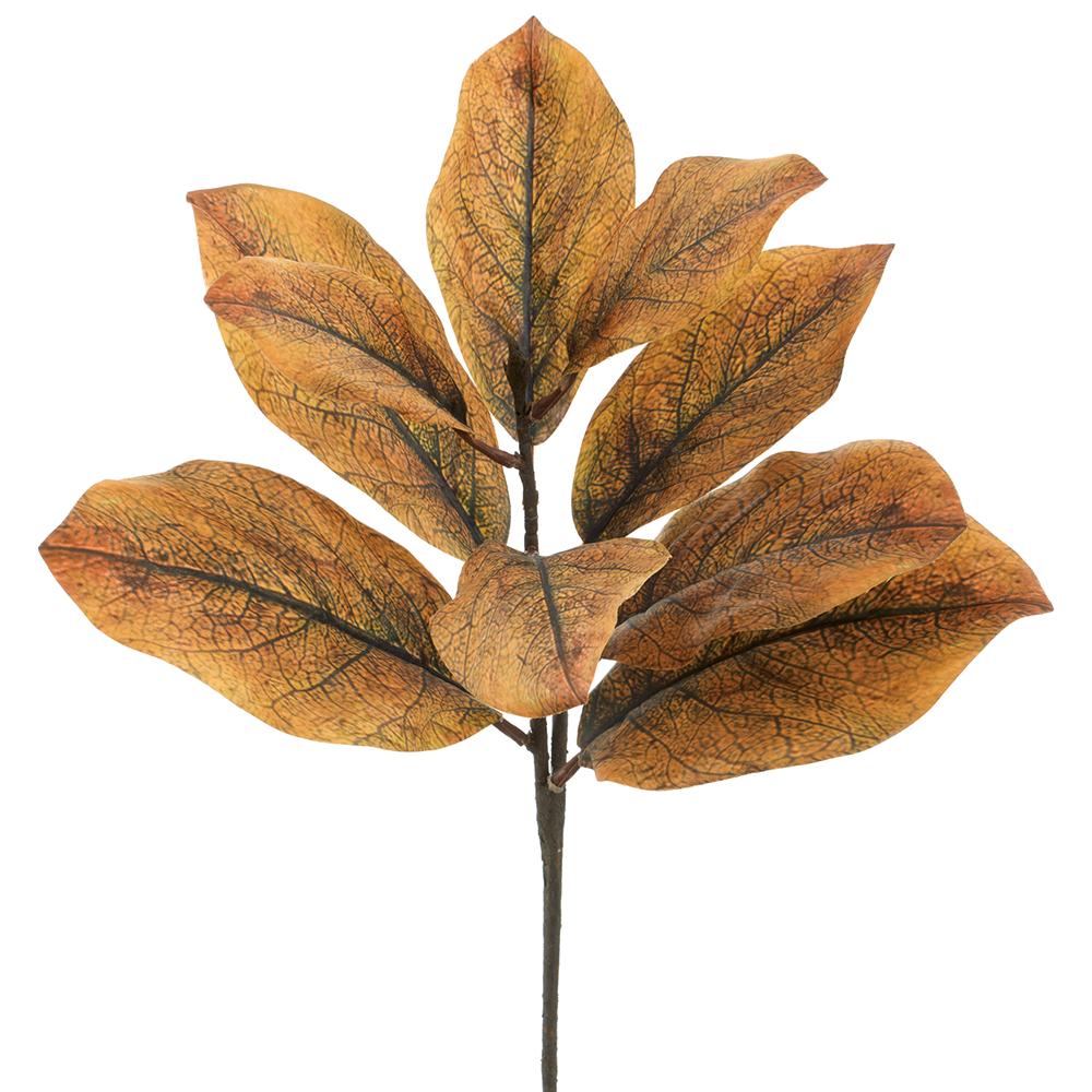 25-inch magnolia leaf spray with textured, golden-brown polyester leaves on a single stem.
