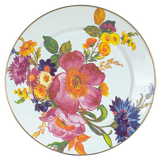 White Flower Market Charger Plate with colorful hand-applied floral transfers and a bronzed rim.