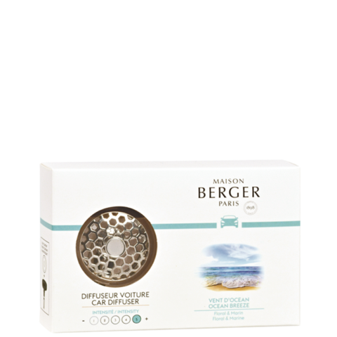 Maison Berger Paris car diffuser with a silver honeycomb pattern and ocean breeze scent.