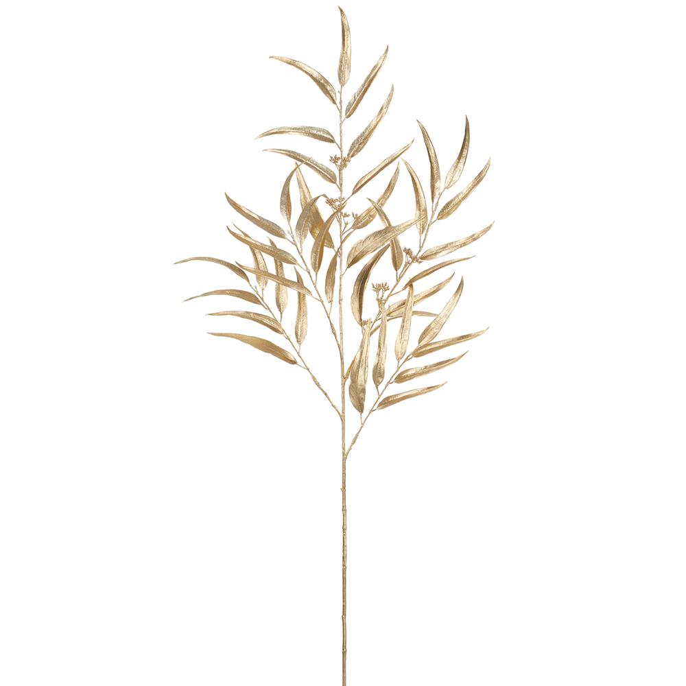 45-inch metallic gold eucalyptus leaf spray with long slender leaves on a single stem.