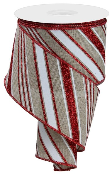 Buff polyester burlap ribbon with diagonal red lines on a white background.
