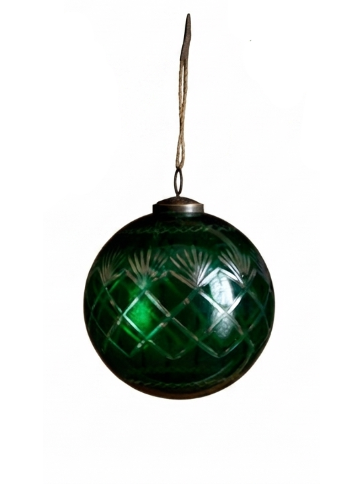 Holiday green cut glass 4-inch ball ornament with diamond pattern and hanging string.
