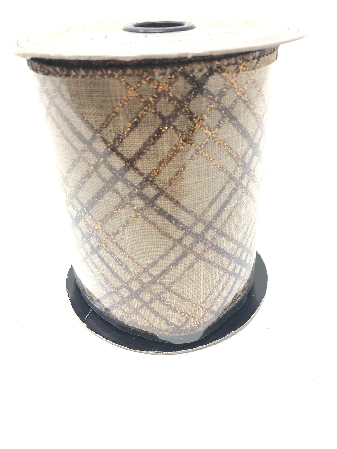 Spool of light natural linen ribbon with a copper brown glitter plaid criss-cross pattern.