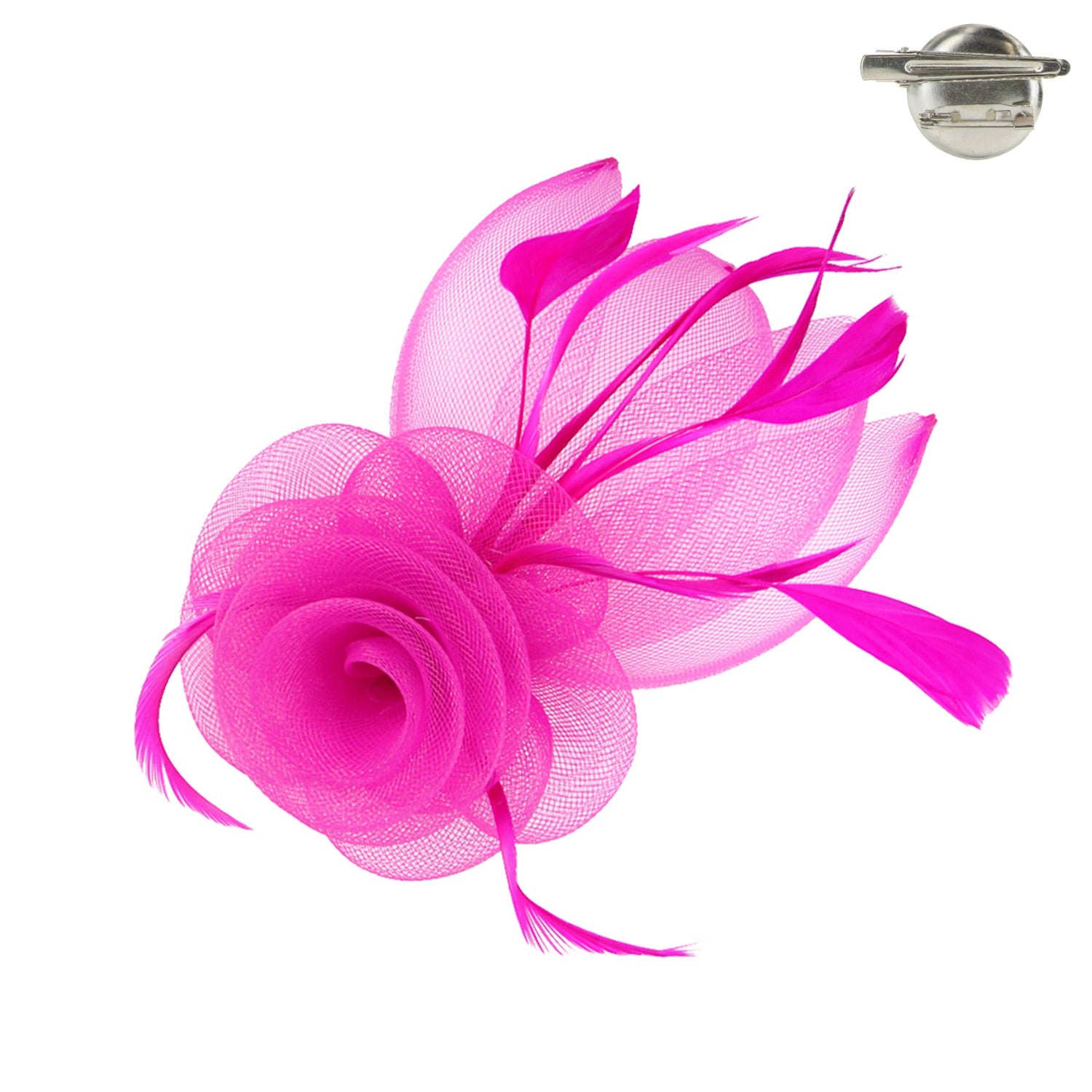 Black mesh fascinator with white floral clip attached to a headband.