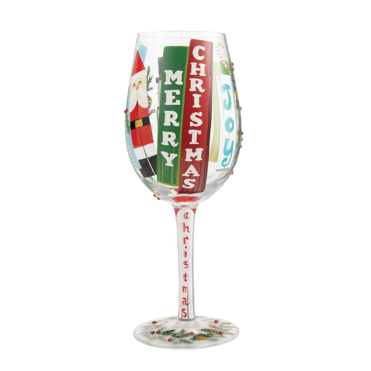 Blown glass wine glass with hand-painted colorful cocktail recipe base and glitter accents.