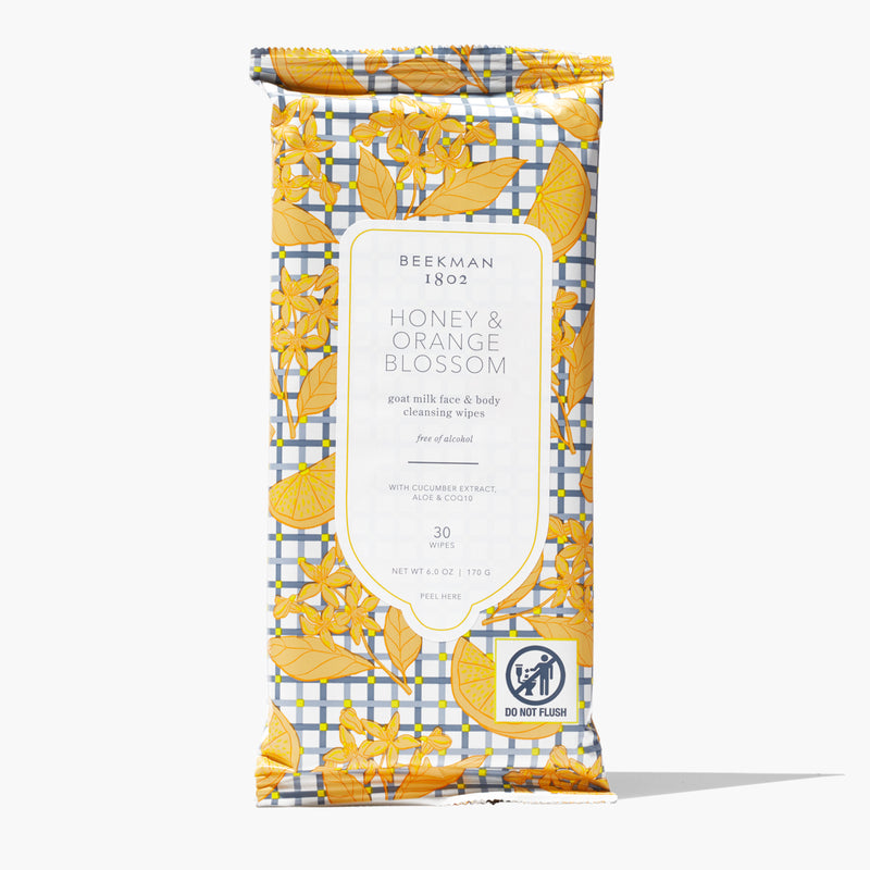 Pack of facial cleansing wipes featuring goat milk, cucumber, aloe, and CoQ10 in a resealable pouch.