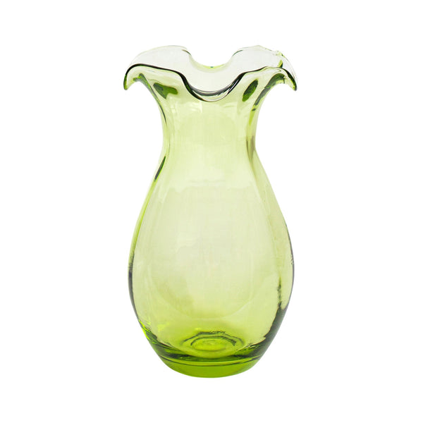 Hibiscus Glass Vertical Fluted Small Vase in a translucent light green color with a ruffled rim.