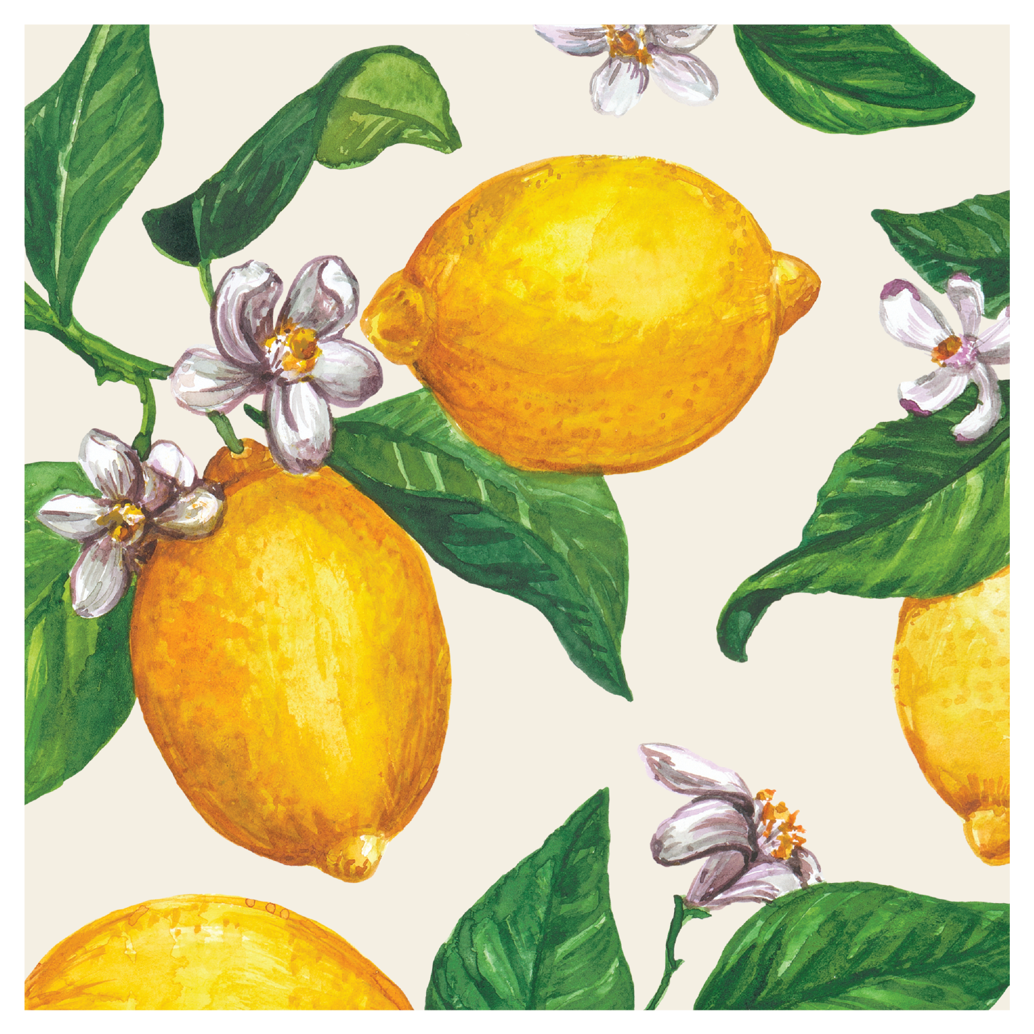 Cocktail napkin featuring a watercolor pattern of yellow lemons, green leaves, and white blossoms.