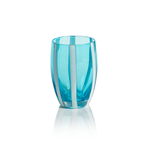 Aqua blue stemless glass with white vertical stripes