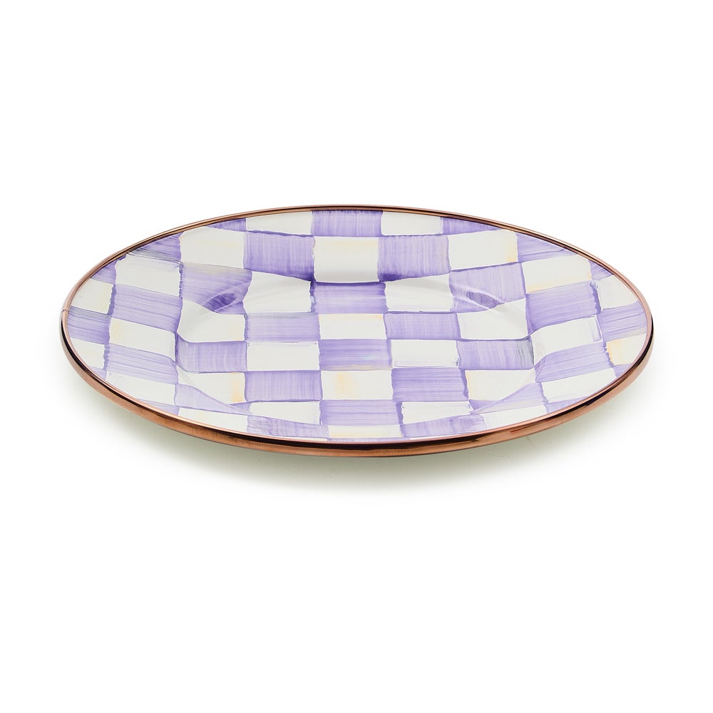 Hand-glazed steel salad plate with violet checkered pattern and bronzed stainless steel rim