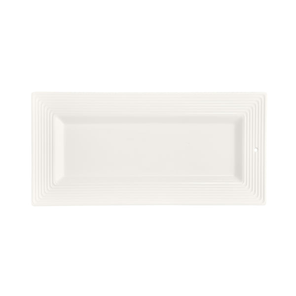 White rectangular ceramic Bread Tray Stripes with a ribbed border design.