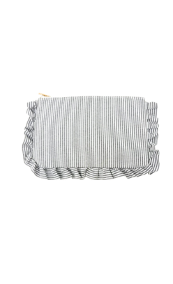 Blue and white striped seersucker pouch with a ruffle trim and gold zipper.