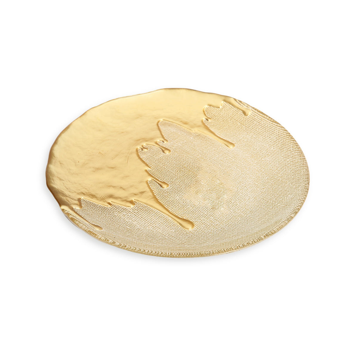 13-inch round gold charger plate with a textured surface and a smooth gold-dipped drip design.