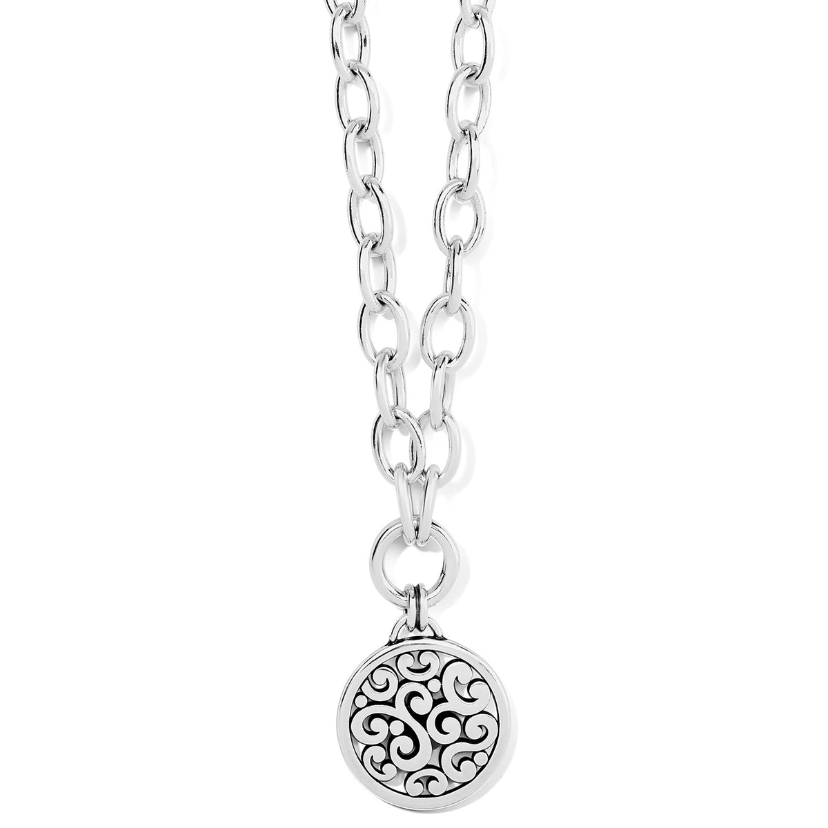 Silver plated Contempo Medallion Charm Necklace with a circular scrollwork pendant on a link chain.