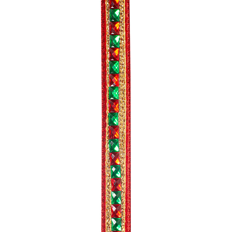 7/8 inch red metallic wired ribbon with alternating green and red square jewel accents.