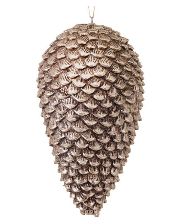 Nine-inch champagne gold glitter sequia pine cone ornament with a natural conical silhouette.