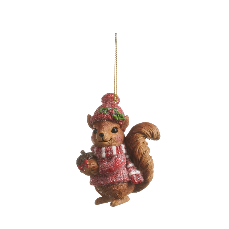 3.5 inch squirrel Christmas ornament wearing a red glittery hat and sweater holding an acorn.