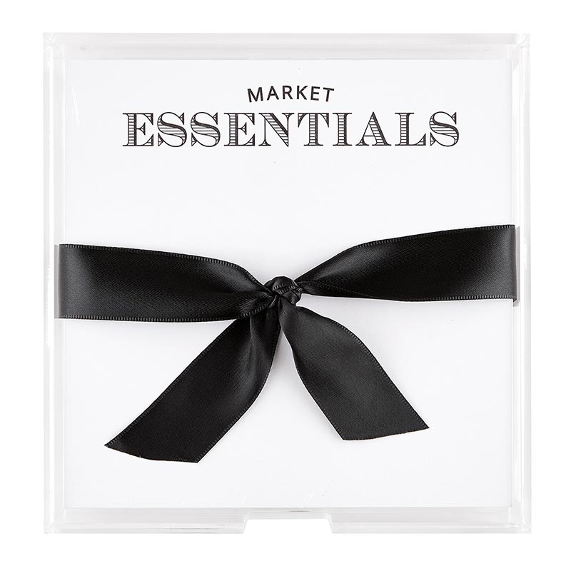 Square notepaper in acrylic tray with six-inch square heavyweight loose leaf paper inside.