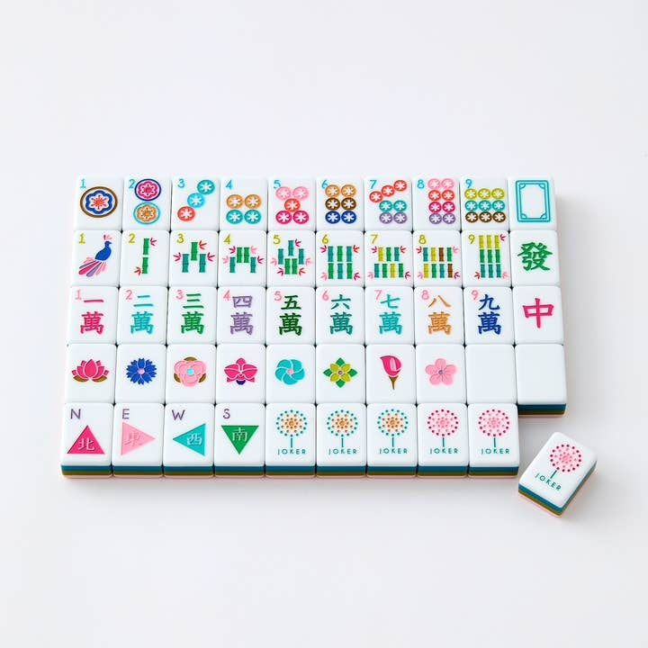 La Fete Mahjong Tiles featuring hand-painted colorful floral, bird, and character designs.