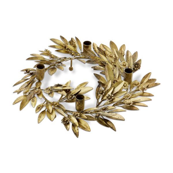 Gold botanical wreath taper candle holder made of iron with leaf and flower details.