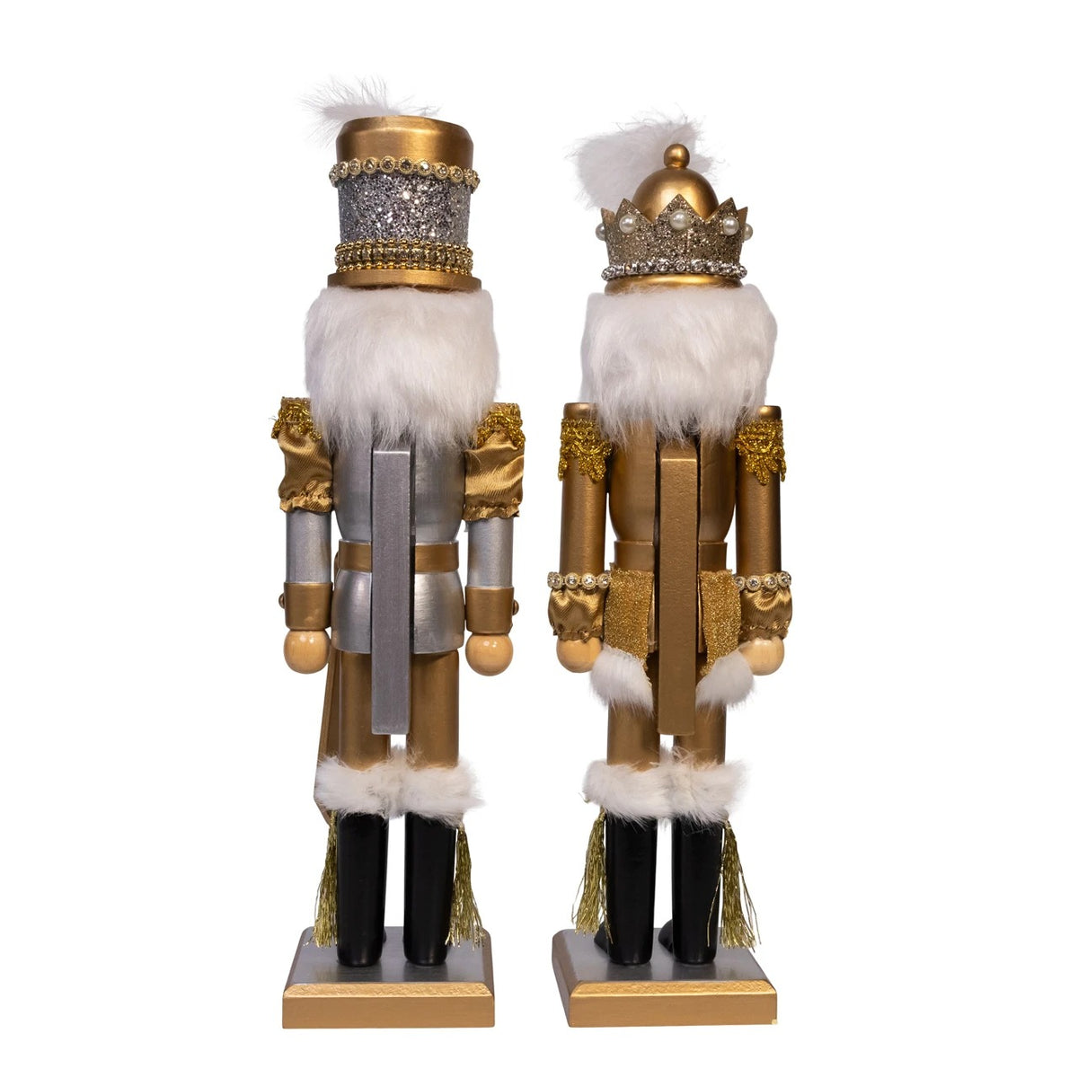 Back view of two 15-inch gold and silver nutcrackers with white faux fur and glitter accents.