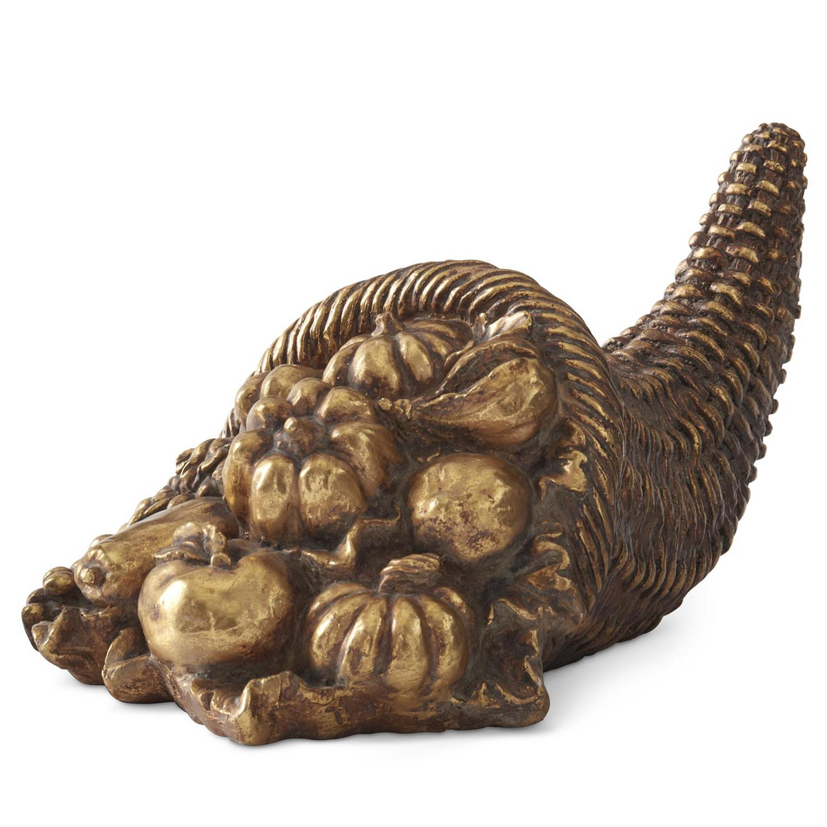 8.25 inch gold resin cornucopia sculpture filled with pumpkins, gourds, and fruit.