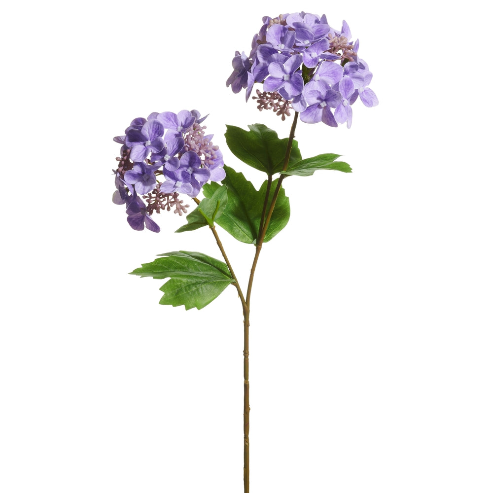Artificial hydrangea spray with blue polyester blooms on a green stem.