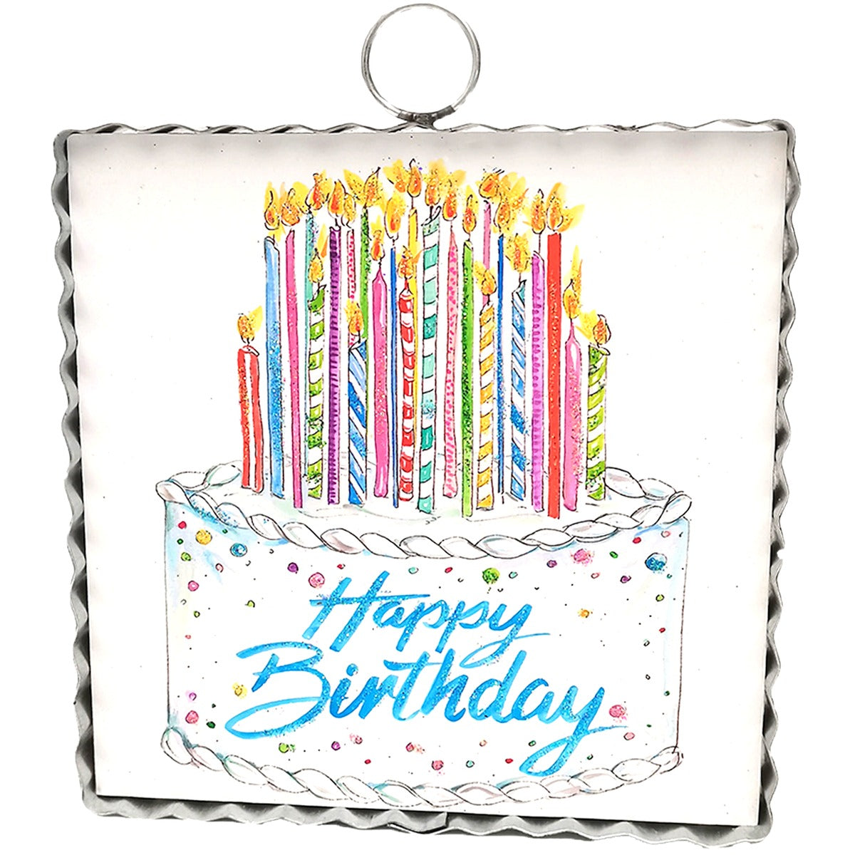 Mini Art Happy Birthday Cake wall hanging with lit candles and a scalloped metal frame.