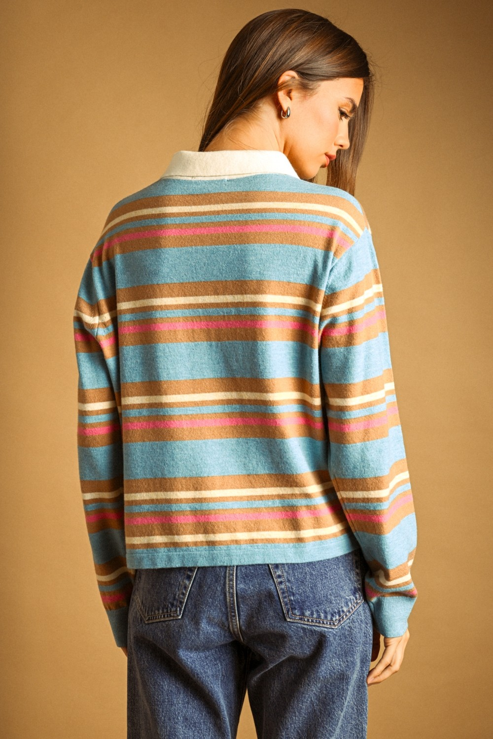 Back view of the Erica Long Sleeve Sweater Top with blue, brown, and pink stripes and cream collar.