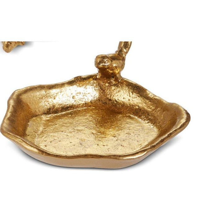 Gold-colored iron trinket tray featuring a bee and bird silhouette with decorative detailing.
