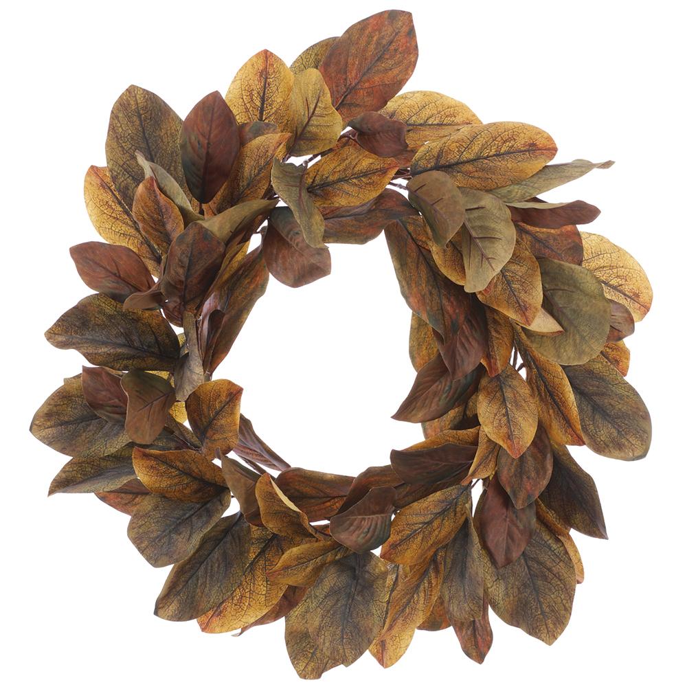 28-inch magnolia leaf wreath with brown and green polyester leaves on a circular frame.