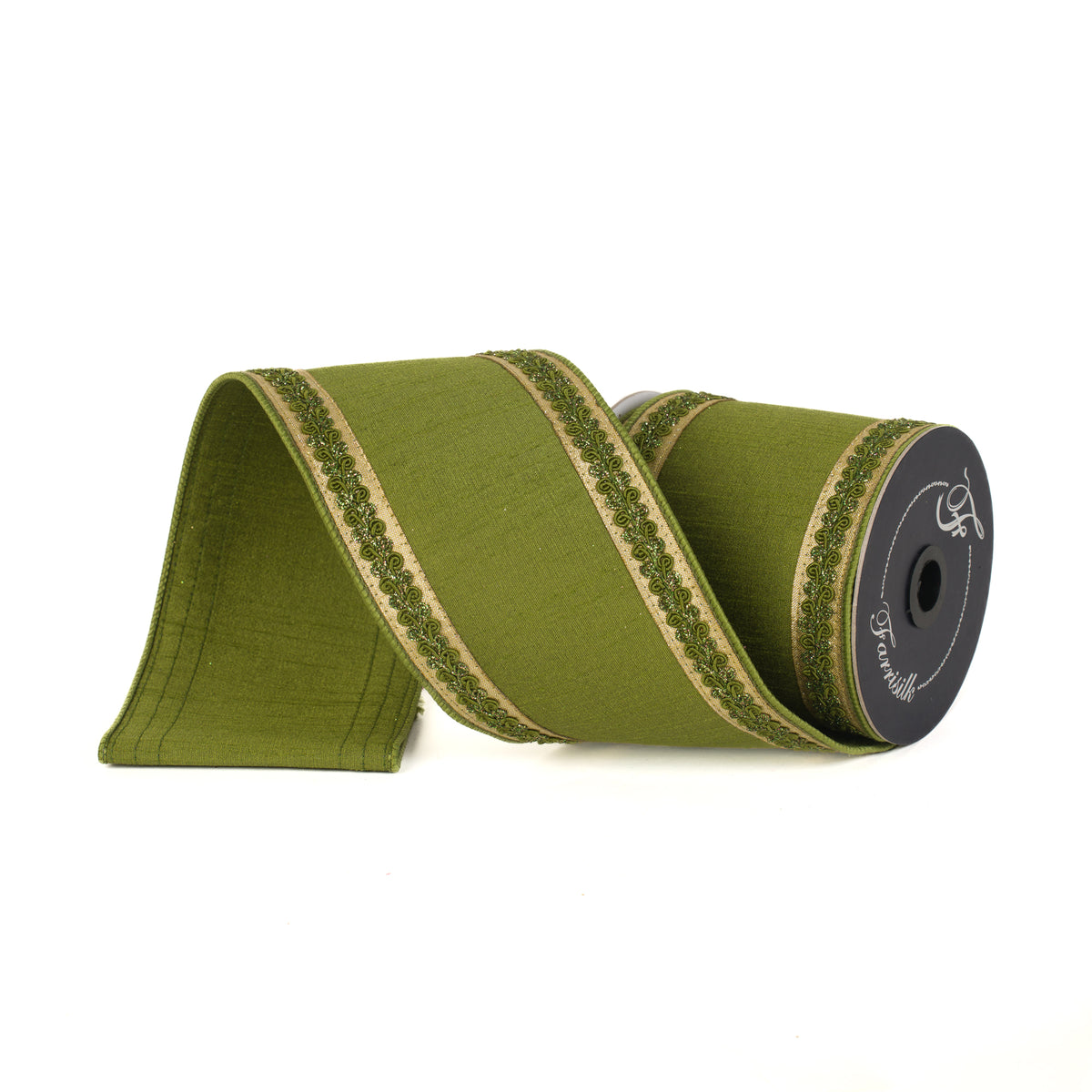 4-inch wide olive green vintage scroll ribbon with gold and green embroidered trim on a spool.