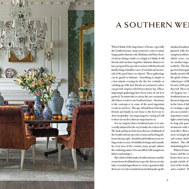 Interior design book page showing a dining room with velvet chairs and a crystal chandelier.