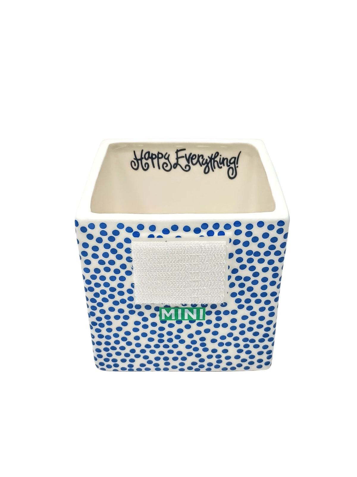 Indigo Small Dot Mini Nesting Cube with blue polka dots and "Happy Everything!" inside.