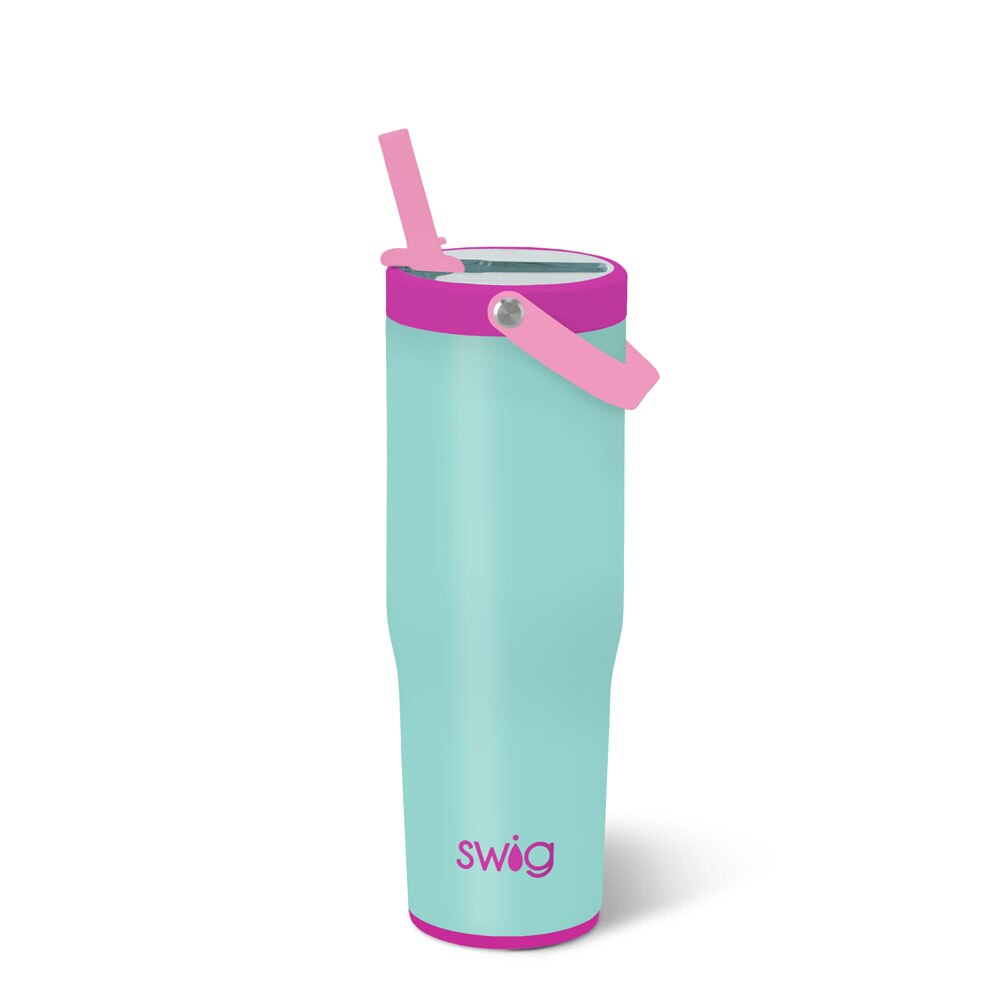 30oz stainless steel tumbler with copper plating, silicone base, and flip lid featuring a removable straw.