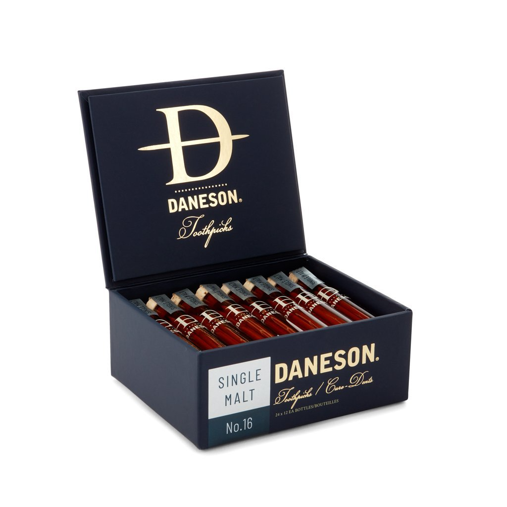 Packaging for Scotch birch toothpicks aged in white oak barrels.