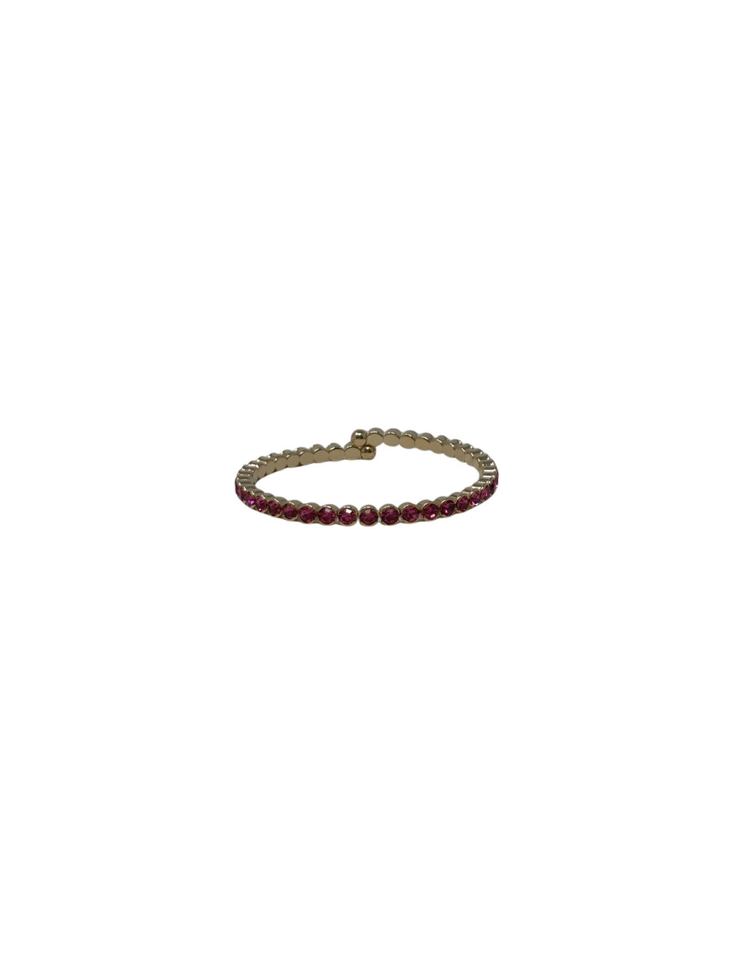 Gold cuff ring featuring a row of small, round pink crystals.
