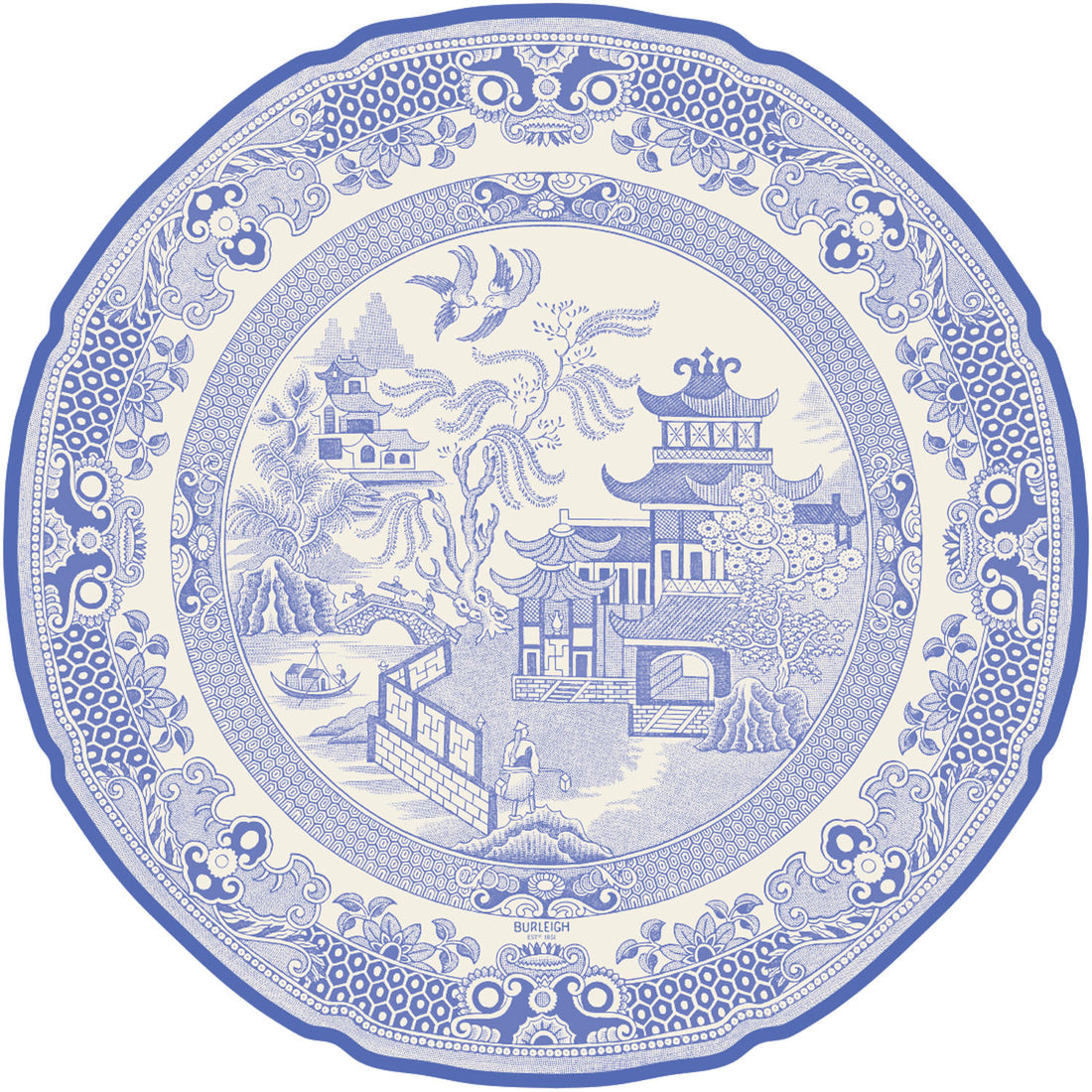 Die-cut Blue Willow paper placemat featuring a classic blue floral pattern on white background.